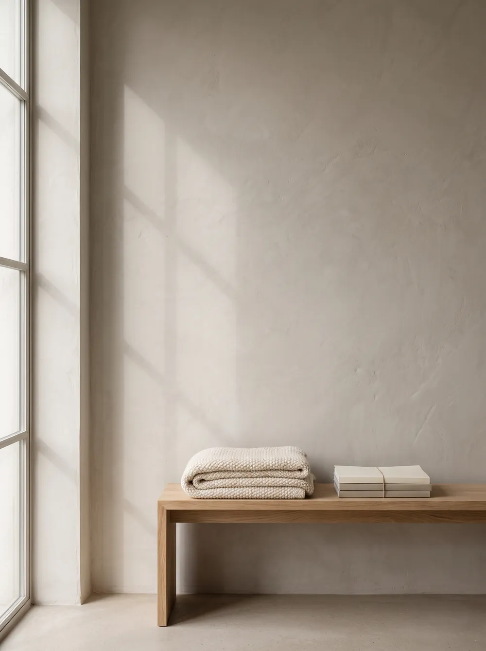 Licht, rustig interieur met houten bank